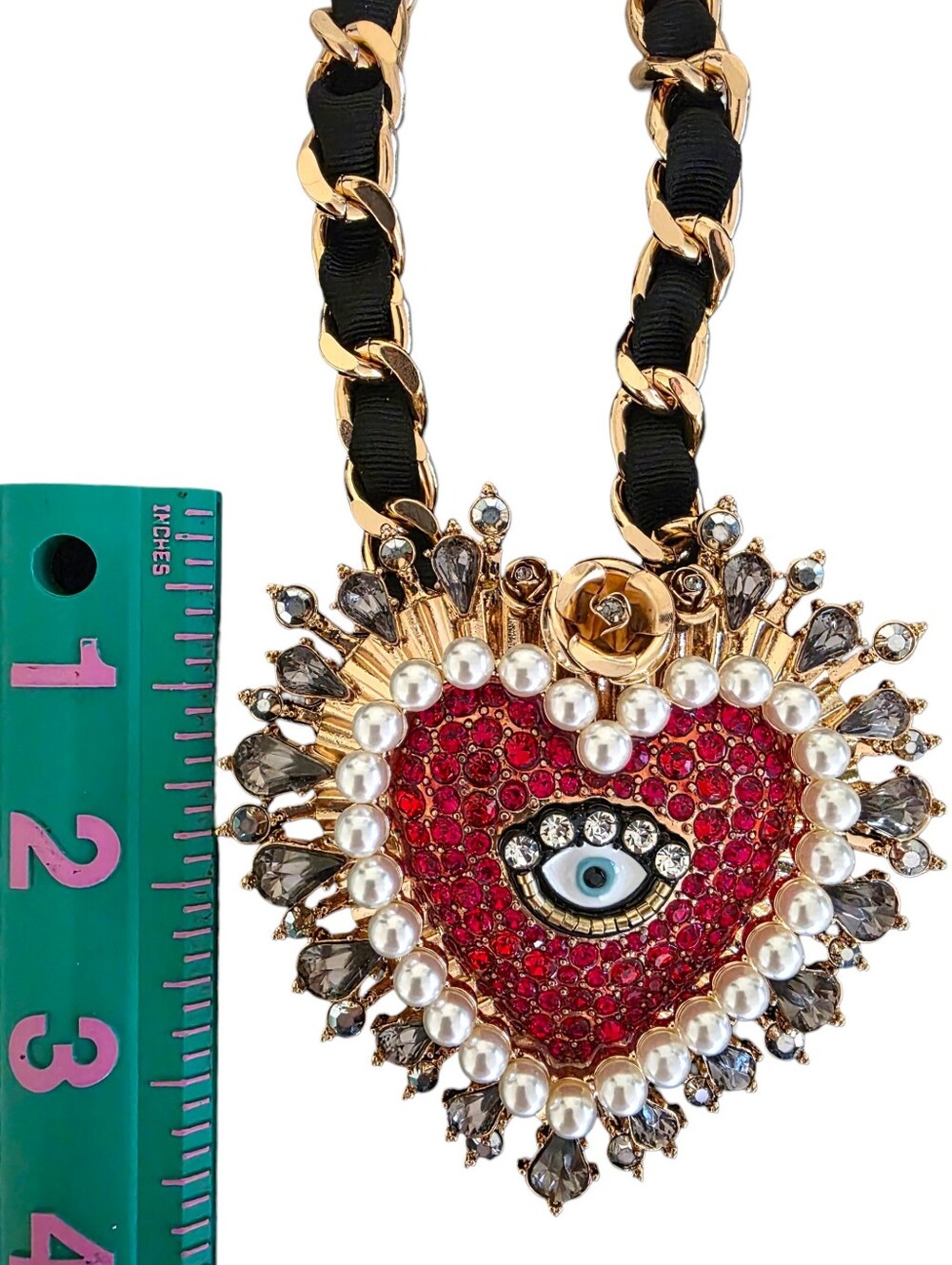 NEW Betsey Johnson Rockin Riches Heart Statement Gold Necklace Crystal Evil Eye - Picture 4 of 9